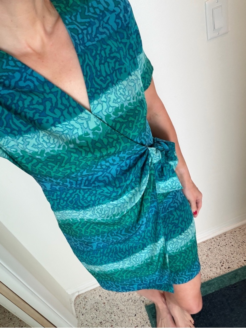 90’s Y2K Papell Petites 100% silk mini wrap dress blue green 6P 6 P